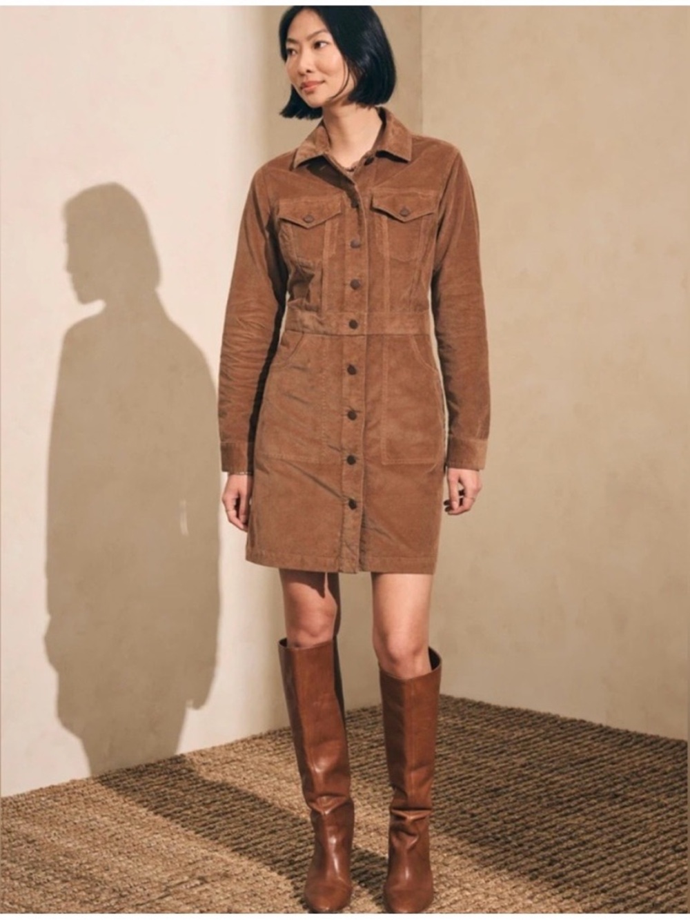 Faherty Chestnut Brown Corduroy Button-Front Mini Dress Sz 2 NWT!